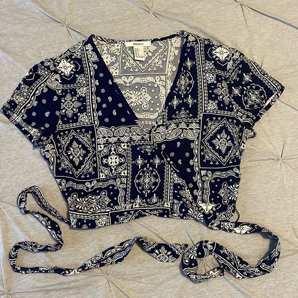 Navy and white paisley wrap crop top